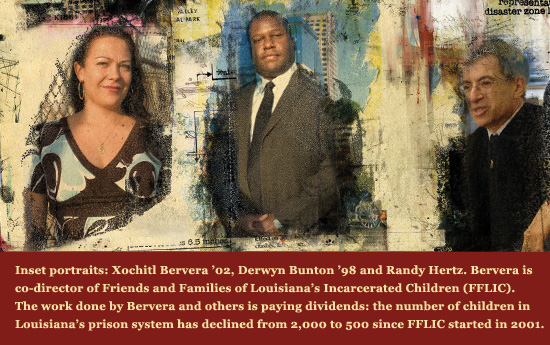 Inset portraits: Xochitl Bervera ’02, Derwyn Bunton ’98 and Randy Hertz.